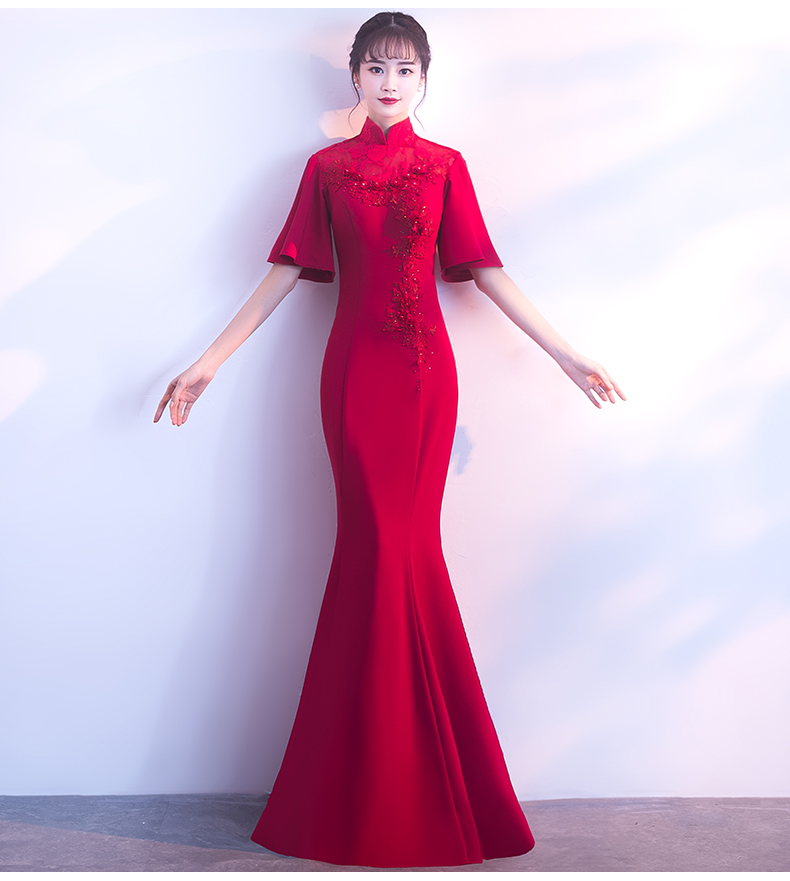 時尚喇叭袖口中式禮服，立體花朵魚尾晚禮服