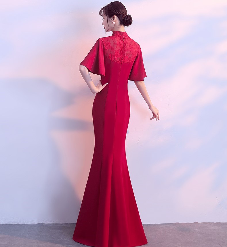 時尚喇叭袖口中式禮服，立體花朵魚尾晚禮服