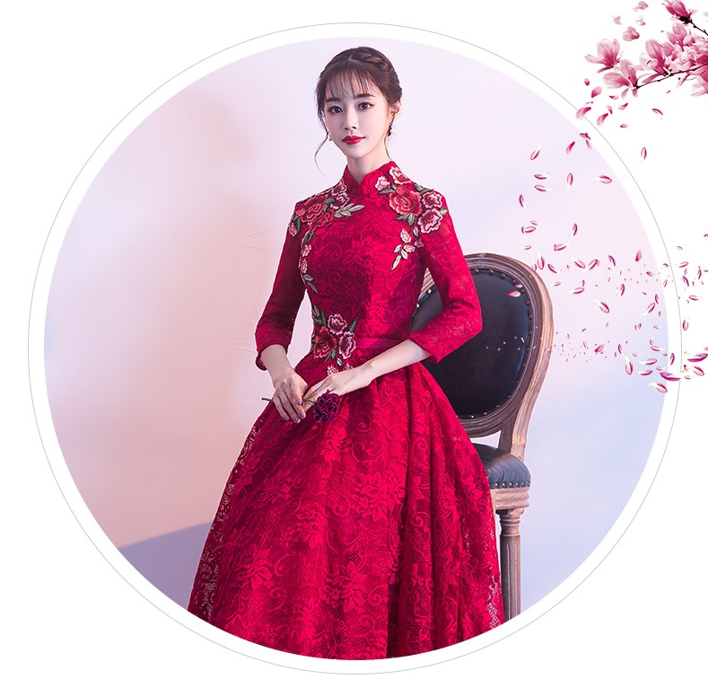 古典蕾絲中式禮服，優(yōu)雅花朵晚禮服