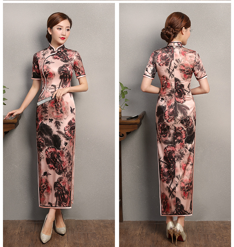 秋鴻印花旗袍，真絲中袖旗袍裙