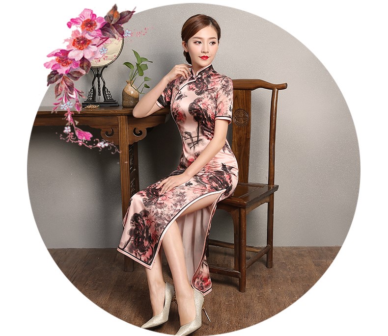 秋鴻印花旗袍，真絲中袖旗袍裙