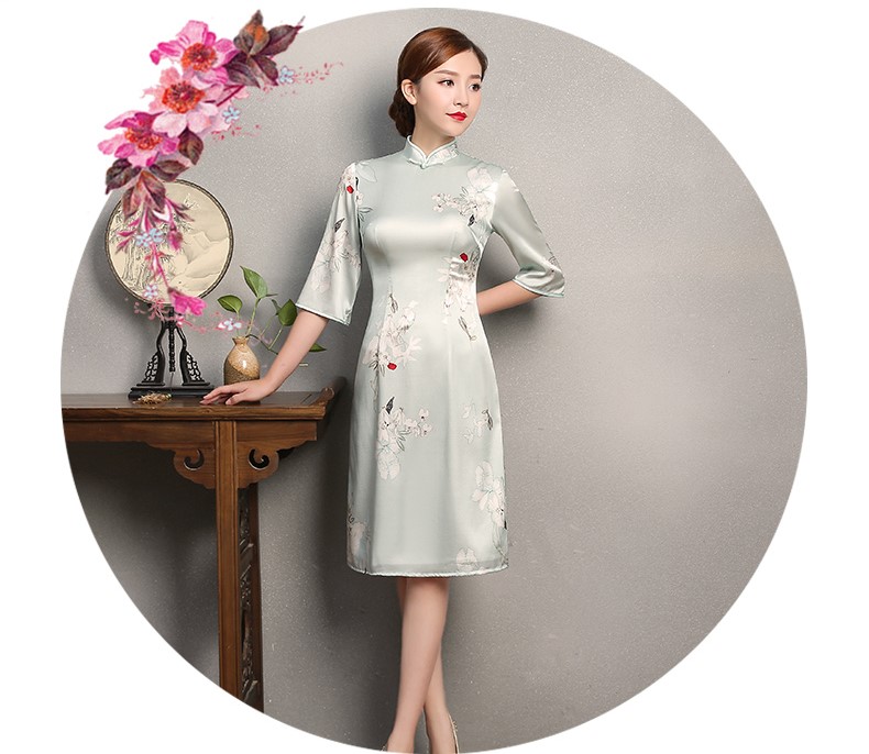 淡綠色青香印花旗袍，真絲中袖旗袍裙