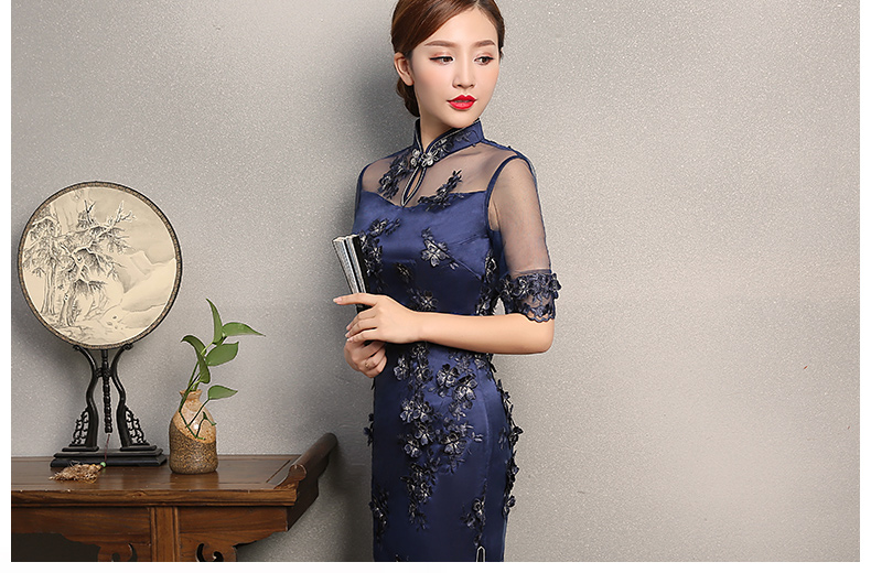 藍(lán)色薔薇繡花旗袍，復(fù)古蕾絲旗袍裙