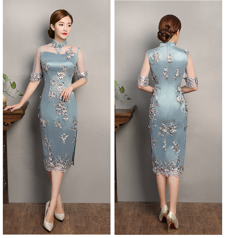 藍(lán)色薔薇繡花旗袍，復(fù)古蕾絲旗袍裙