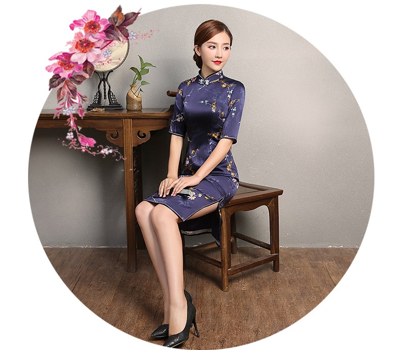 藍紫色印花旗袍，復(fù)古中袖旗袍裙
