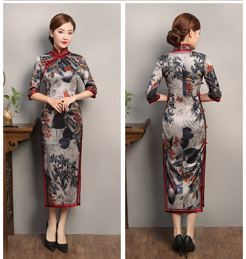 復(fù)古典雅旗袍，中袖浪漫印花旗袍裙