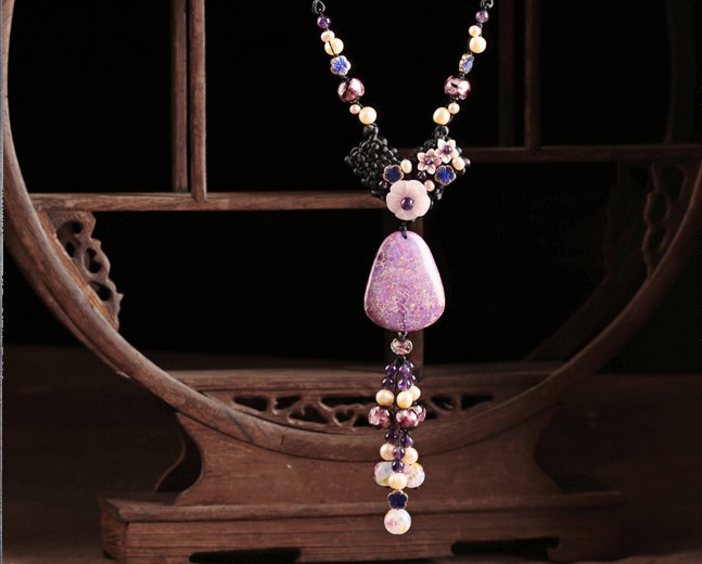 珍珠紫水晶石頭吊墜毛衣鏈，復(fù)古民族風(fēng)項(xiàng)鏈