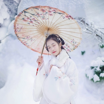 雪中團(tuán)花帶傘女子頭像，唯美古真人頭像
