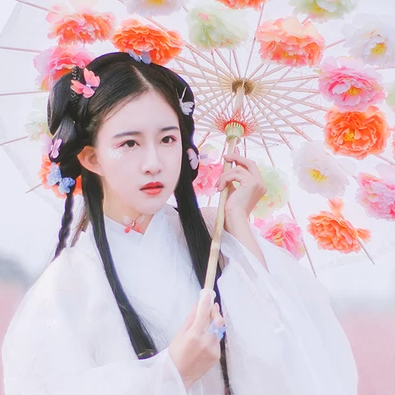 蝶花帶傘女生頭像，唯美古風真人頭像