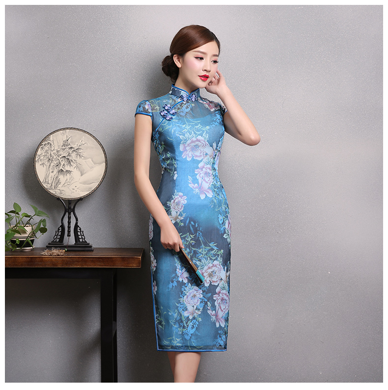 典雅藍色印花旗袍，時尚短袖旗袍裙
