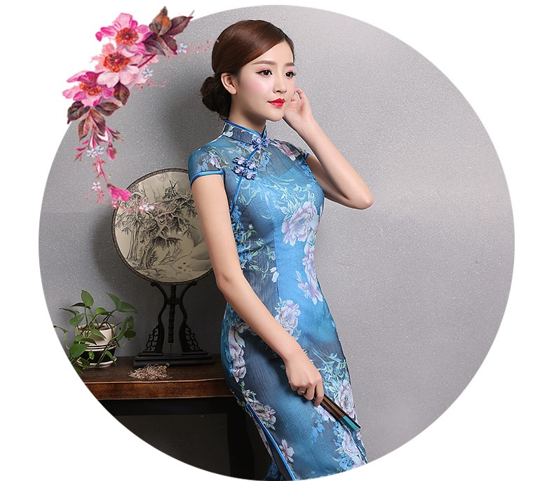 典雅藍色印花旗袍，時尚短袖旗袍裙