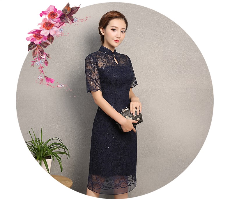 復(fù)古蕾絲繡花亮片旗袍，深藍(lán)色旗袍裙