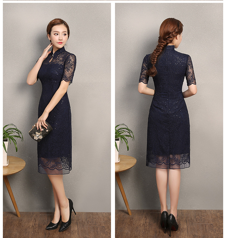 復(fù)古蕾絲繡花亮片旗袍，深藍(lán)色旗袍裙