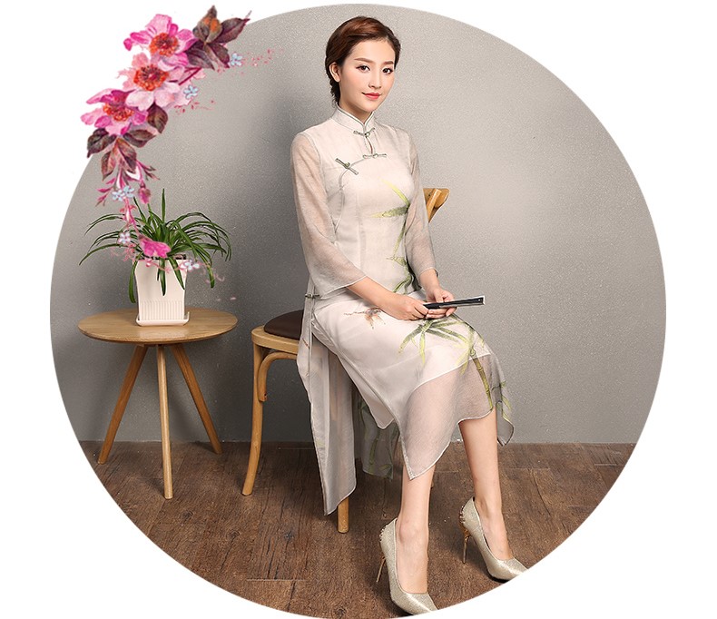 竹軒淡雅旗袍，中袖改良奧黛風(fēng)旗袍裙