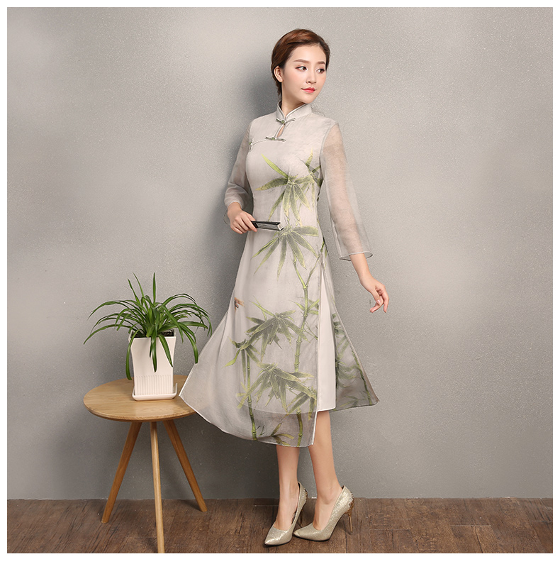 竹軒淡雅旗袍，中袖改良奧黛風(fēng)旗袍裙
