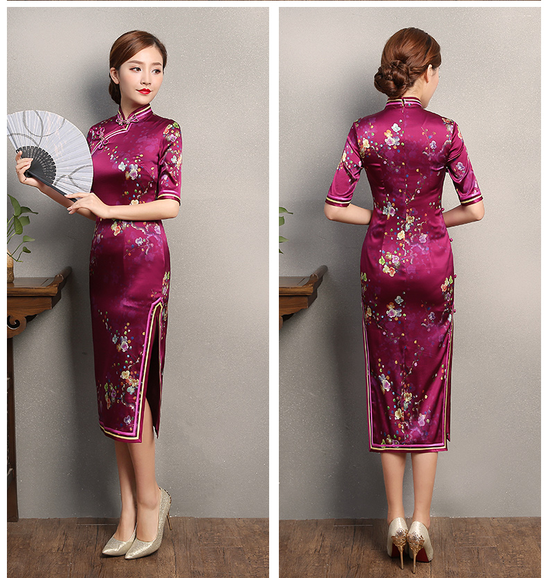 玫紅色印花旗袍，中袖真絲旗袍裙