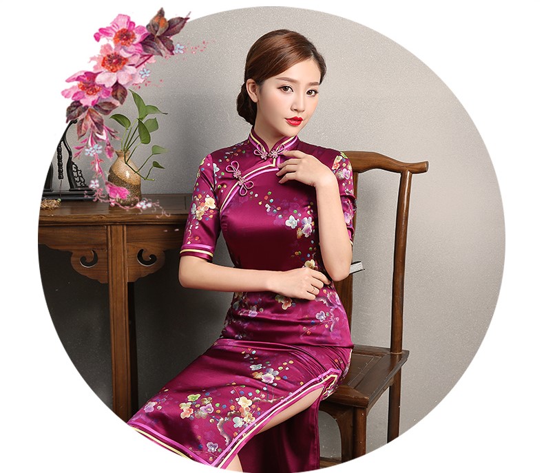 玫紅色印花旗袍，中袖真絲旗袍裙