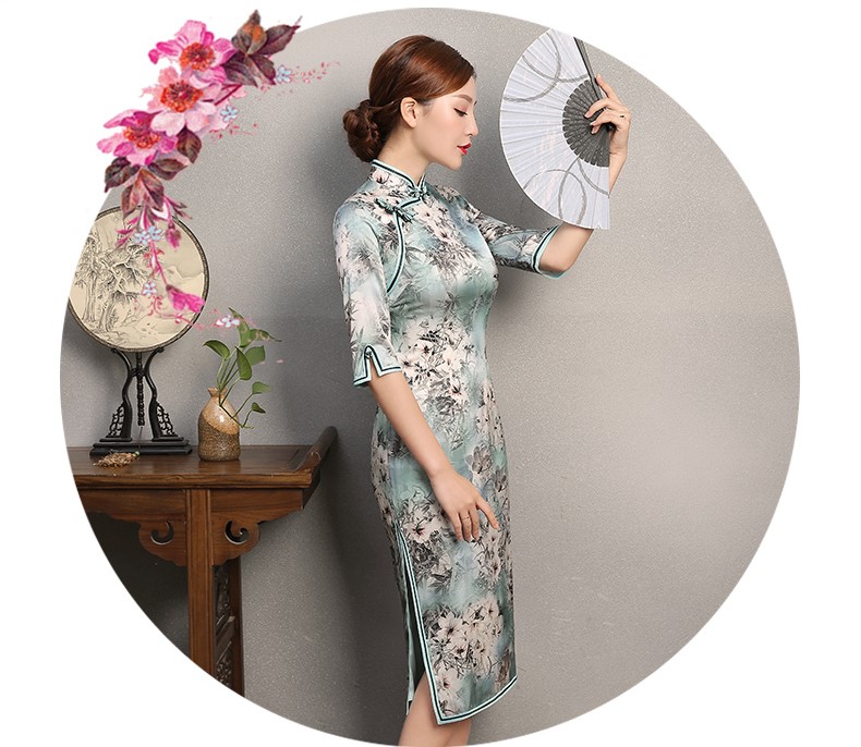 淡青色印花旗袍，芳顏中袖真絲旗袍裙