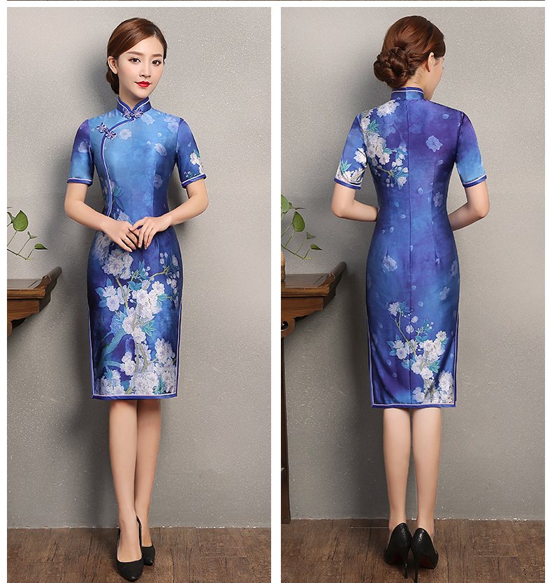 藍(lán)嬌印花旗袍，復(fù)古真絲旗袍裙