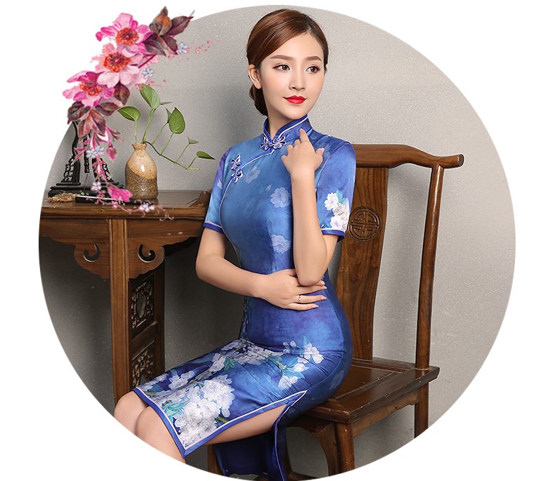 藍(lán)嬌印花旗袍，復(fù)古真絲旗袍裙