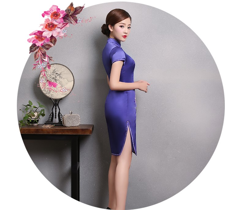 紫色牡丹繡花旗袍，復(fù)古短袖旗袍裙