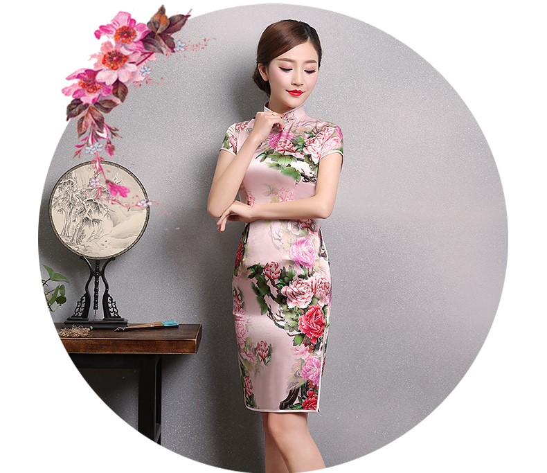 粉色牡丹印花旗袍，復(fù)古時(shí)尚短袖旗袍裙
