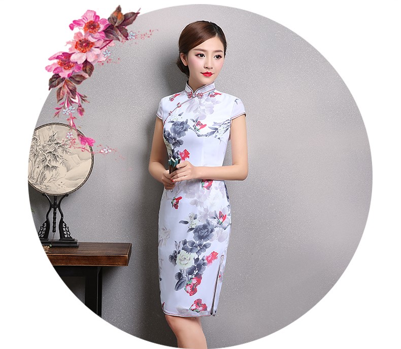 花美牡丹旗袍，復(fù)古福連文苑短袖旗袍裙