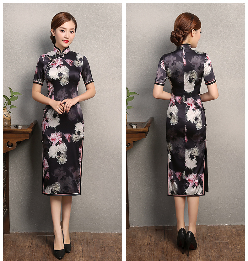 夜雨粉白印花旗袍，短袖真絲旗袍裙