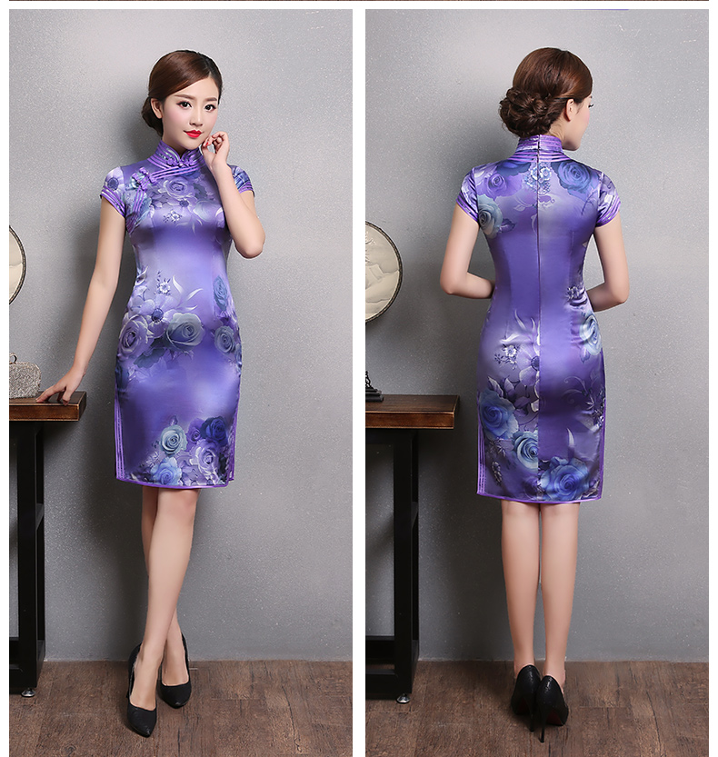 紫玫瑰印花旗袍，短袖三包邊旗袍裙