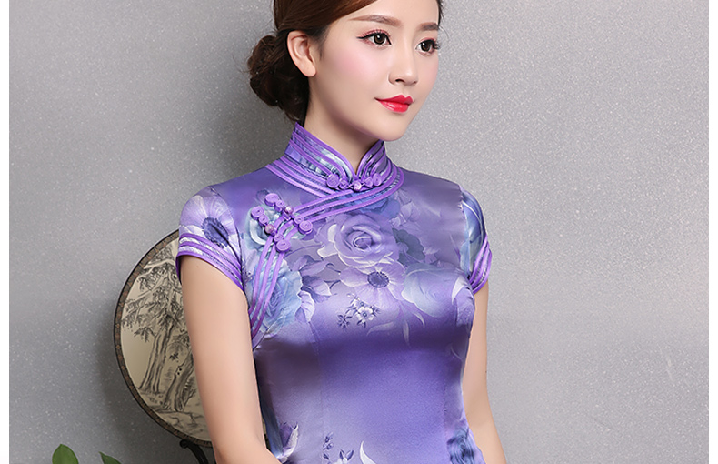 紫玫瑰印花旗袍，短袖三包邊旗袍裙