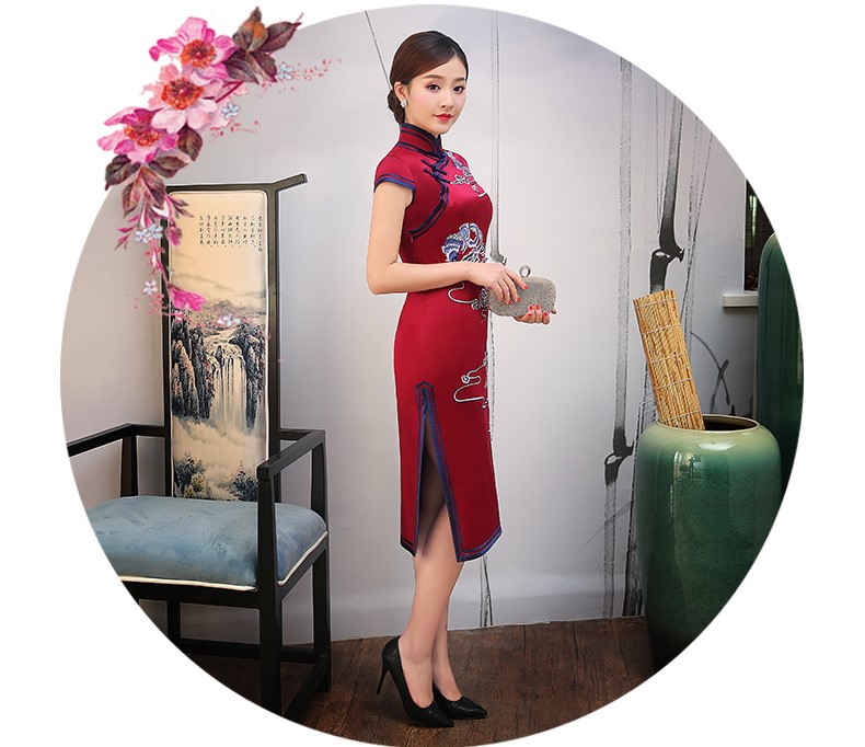 紅色云鳳刺繡旗袍，短袖真絲旗袍裙