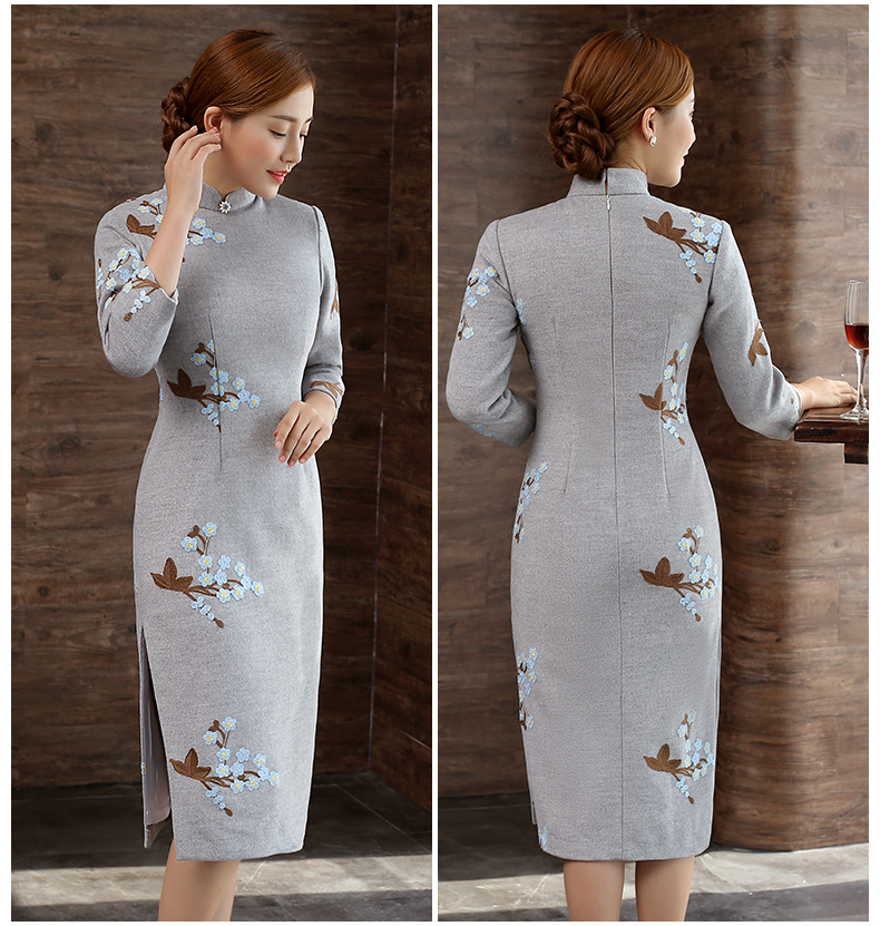 灰色繡花旗袍，復(fù)古文藝旗袍裙