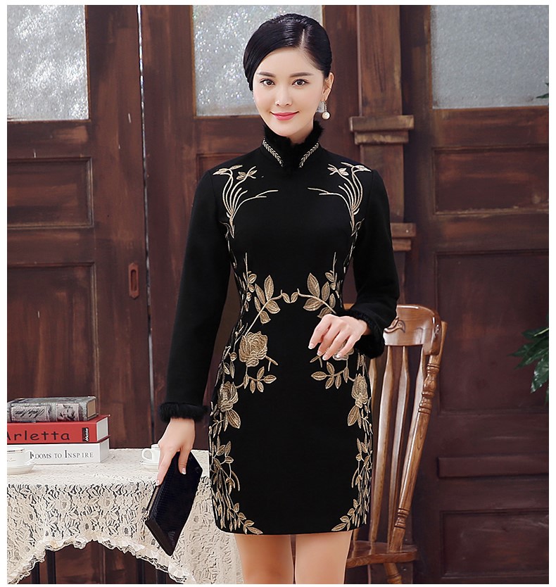 黑色麥穗繡花旗袍，加厚短款旗袍裙