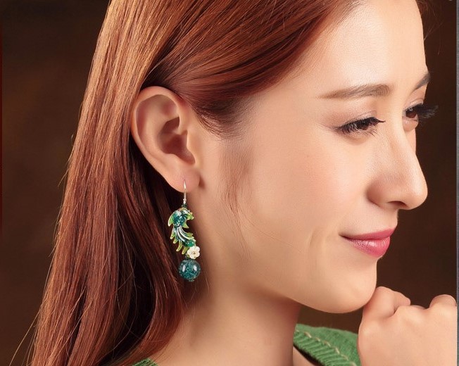 翠羽靈翩耳環(huán)，福連文苑琉璃景泰藍(lán)鳳凰首飾