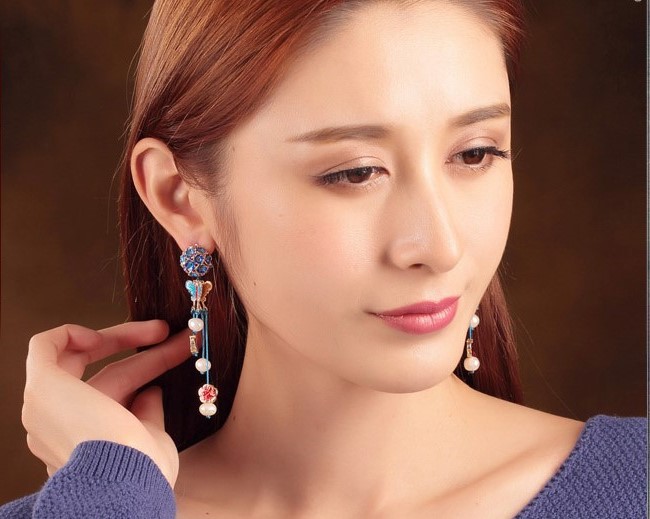 福連文苑景泰藍蝴蝶耳釘氣質耳環(huán)首飾