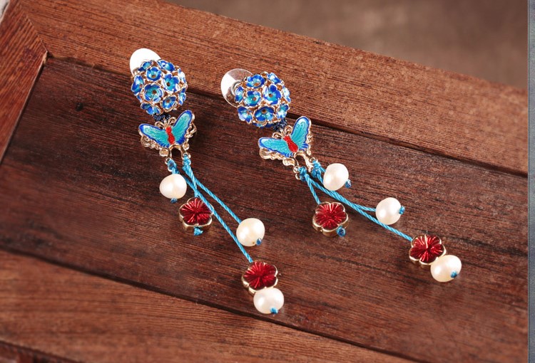 福連文苑景泰藍蝴蝶耳釘氣質耳環(huán)首飾