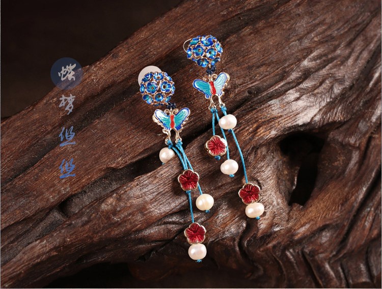 福連文苑景泰藍蝴蝶耳釘氣質耳環(huán)首飾