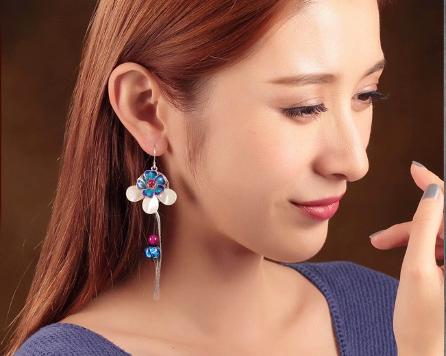 古風景泰藍蝴蝶花朵流蘇耳環(huán)首飾