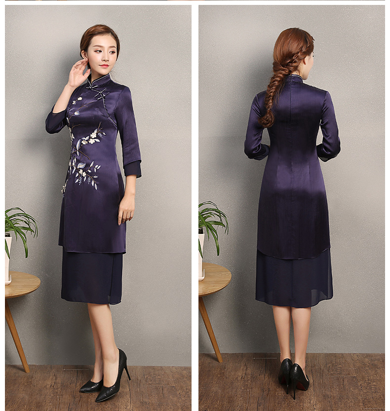 深藍(lán)色時(shí)尚繡花旗袍，中長(zhǎng)款改良旗袍裙