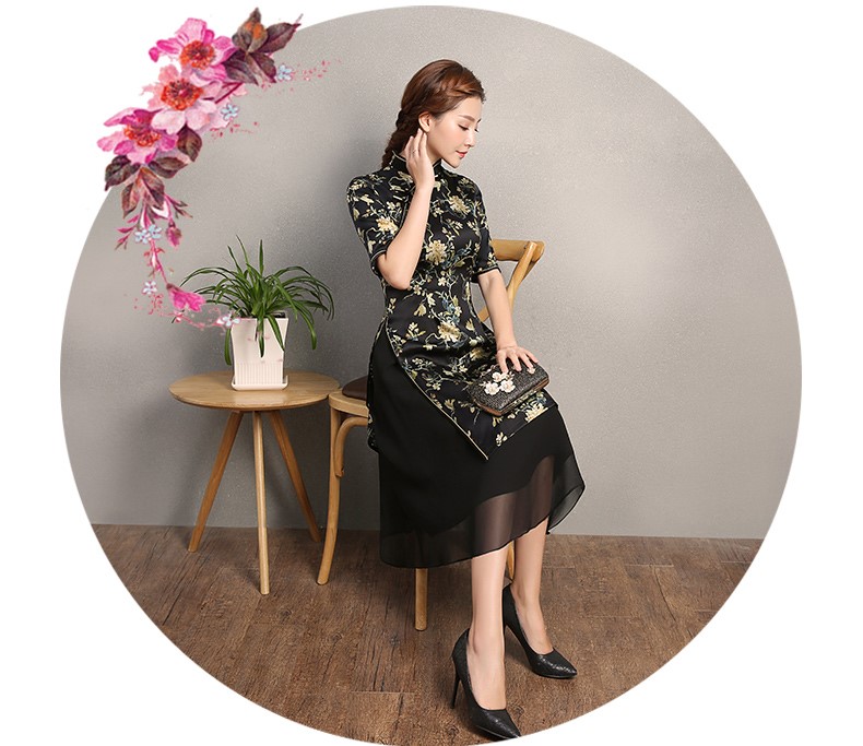 黑色時(shí)尚印黃花旗袍，奧黛旗袍裙