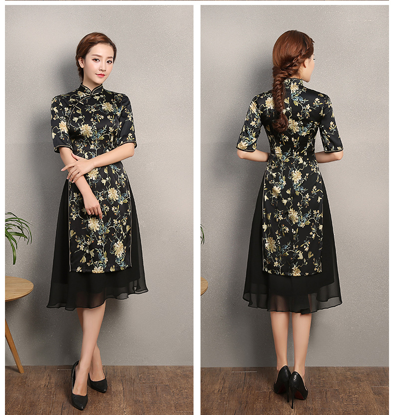 黑色時(shí)尚印黃花旗袍，奧黛旗袍裙