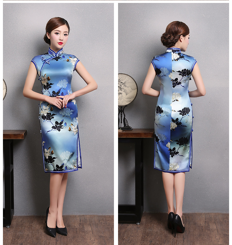 漸變藍白玉蘭花旗袍,短袖真絲旗袍裙