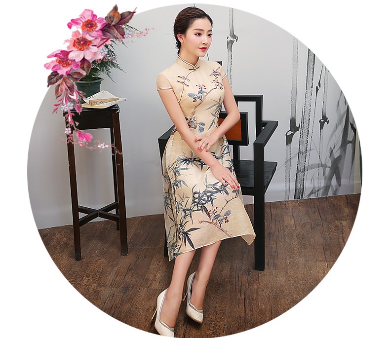 米黃色竹葉印花旗袍，復(fù)古淡雅旗袍裙