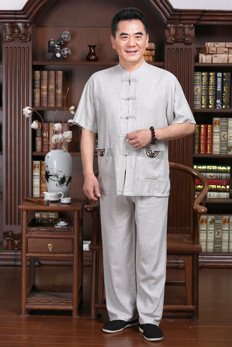淺灰色棉麻套裝男士唐裝