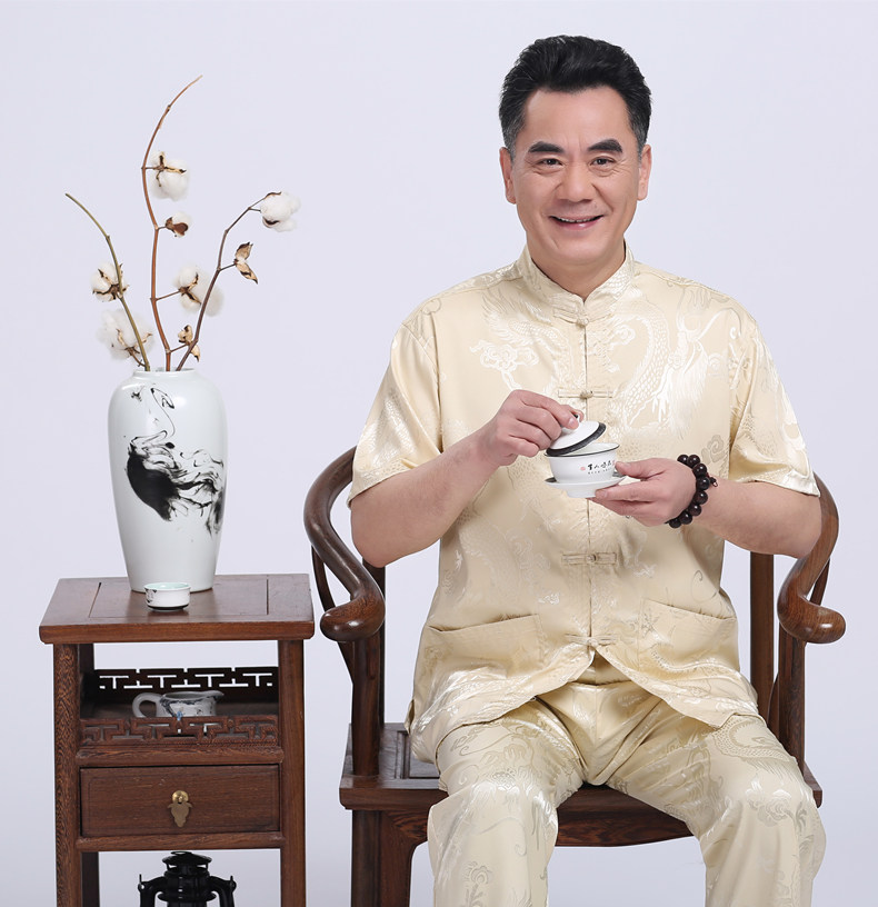 米黃色福連文苑繡龍?zhí)籽b男士唐裝