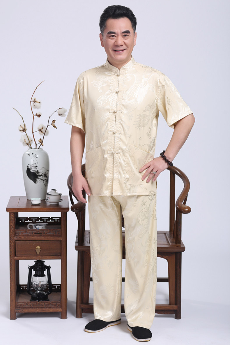 米黃色福連文苑繡龍?zhí)籽b男士唐裝