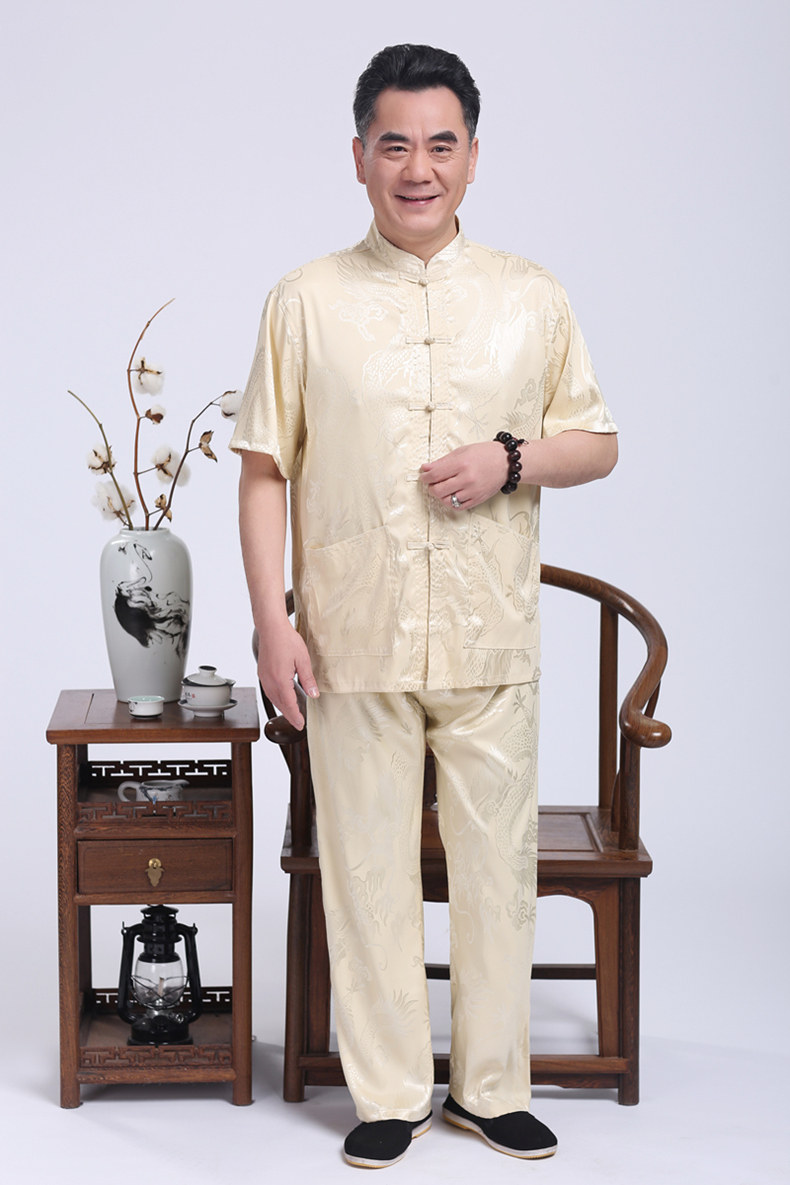 米黃色福連文苑繡龍?zhí)籽b男士唐裝