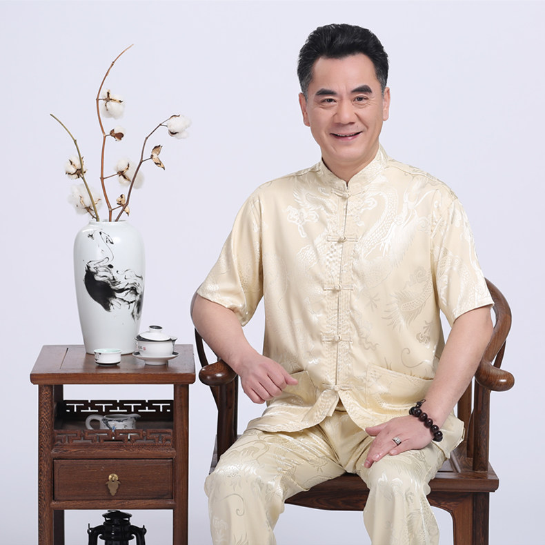 米黃色福連文苑繡龍?zhí)籽b男士唐裝