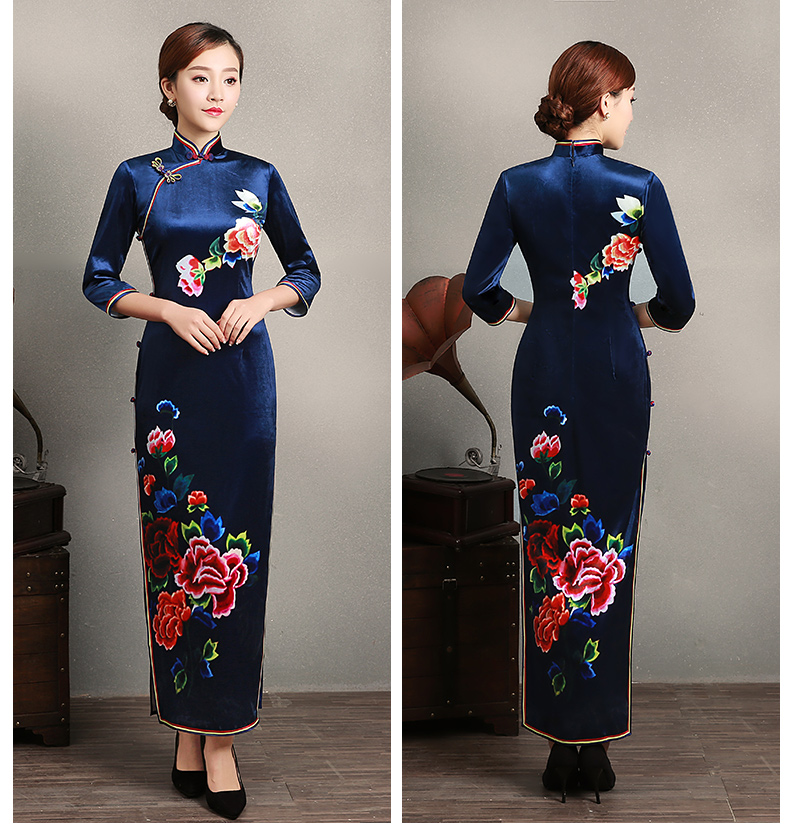 寶石藍花居旗袍，古典嬌艷旗袍裙