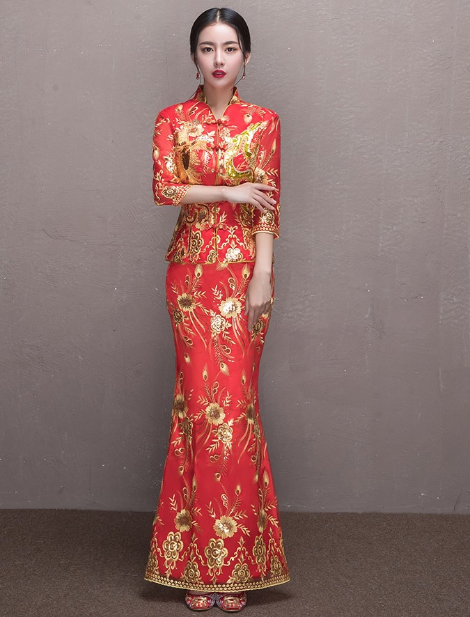 奢華花朵鳳凰刺繡中式禮服，唯美新娘魚尾禮服